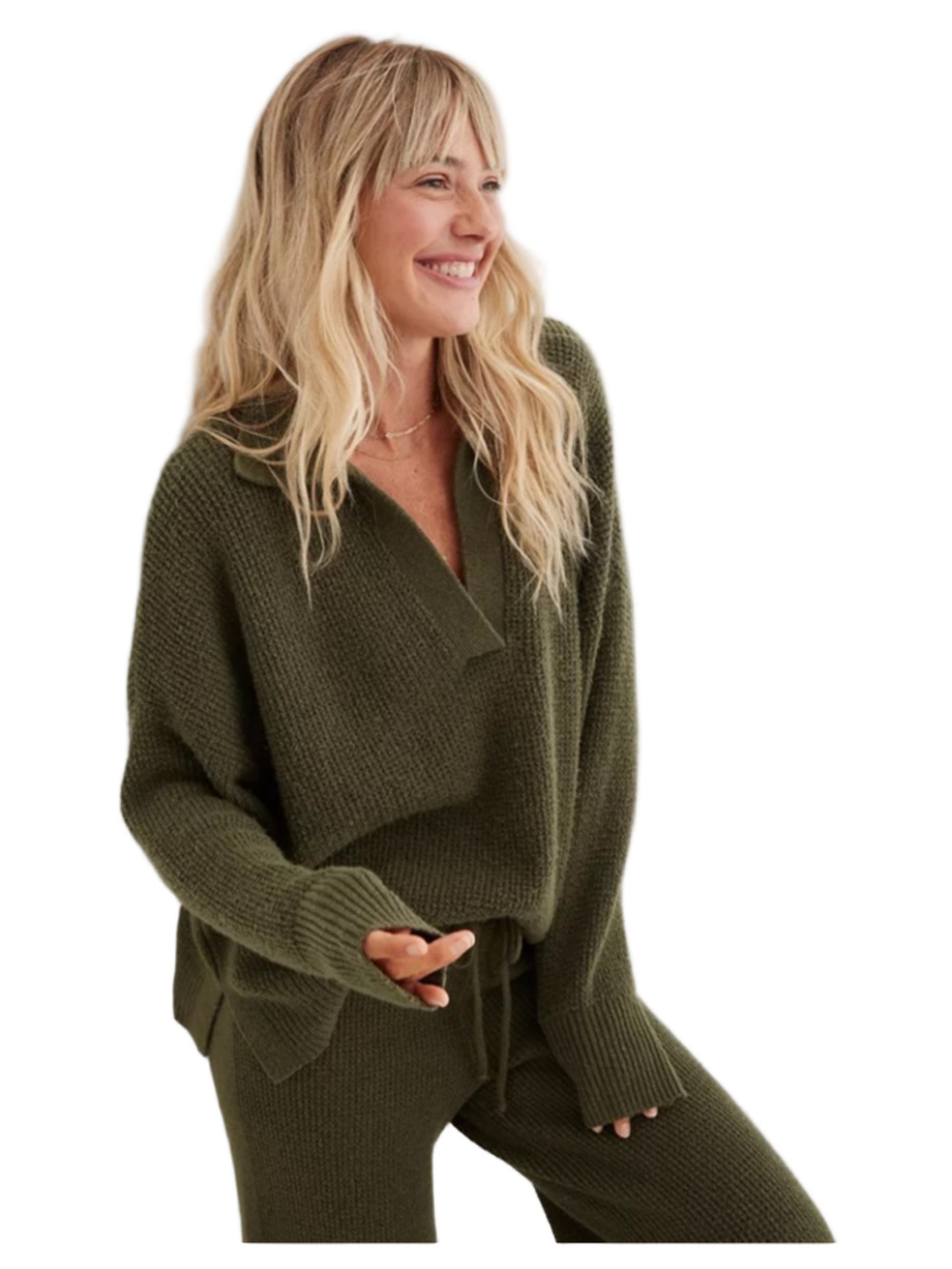 Aerie Olive Green Waffle Knit Polo V-Neck Oversized Sweater Lounge Cozy
